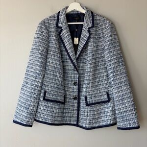 NWT Talbots Blue and White Tweed Blazer Jacket with Navy Blue Trim Women's 20W